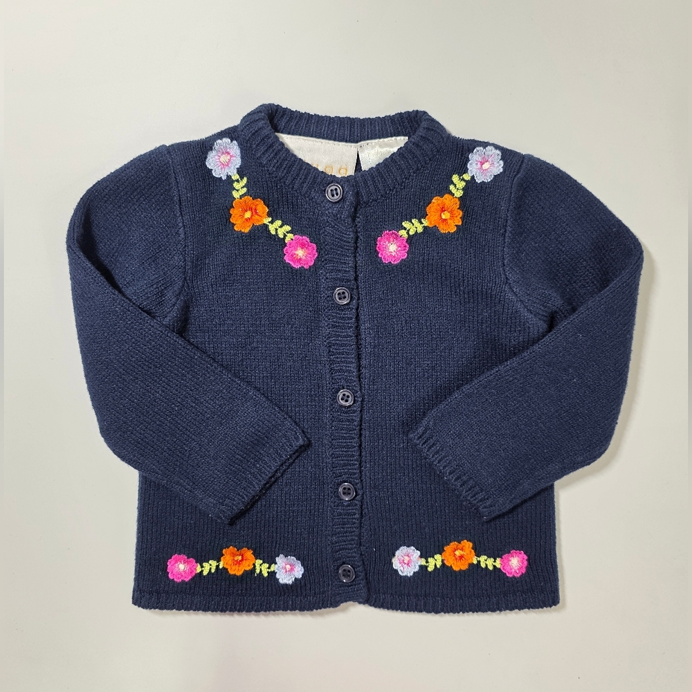 Infant/Toddler Navy Button-Front Cardigan with Floral Embroidery